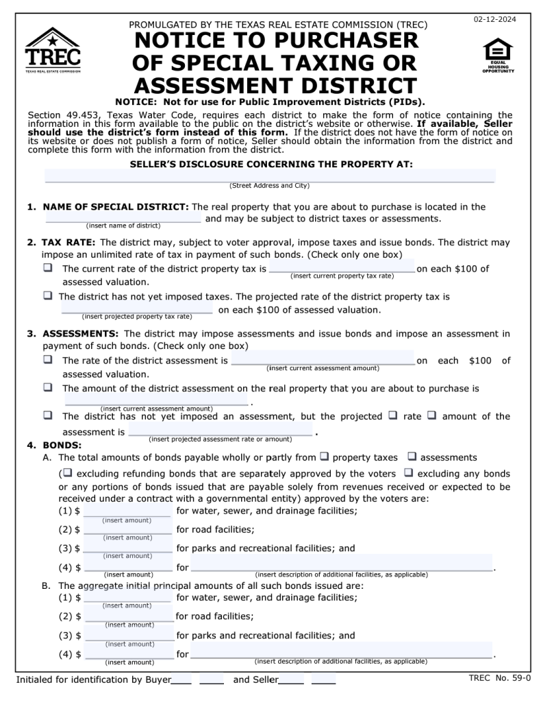 NOTICE TO PURCHASER OF SPECIAL TAXING OR ASSESSMENT DISTRICT