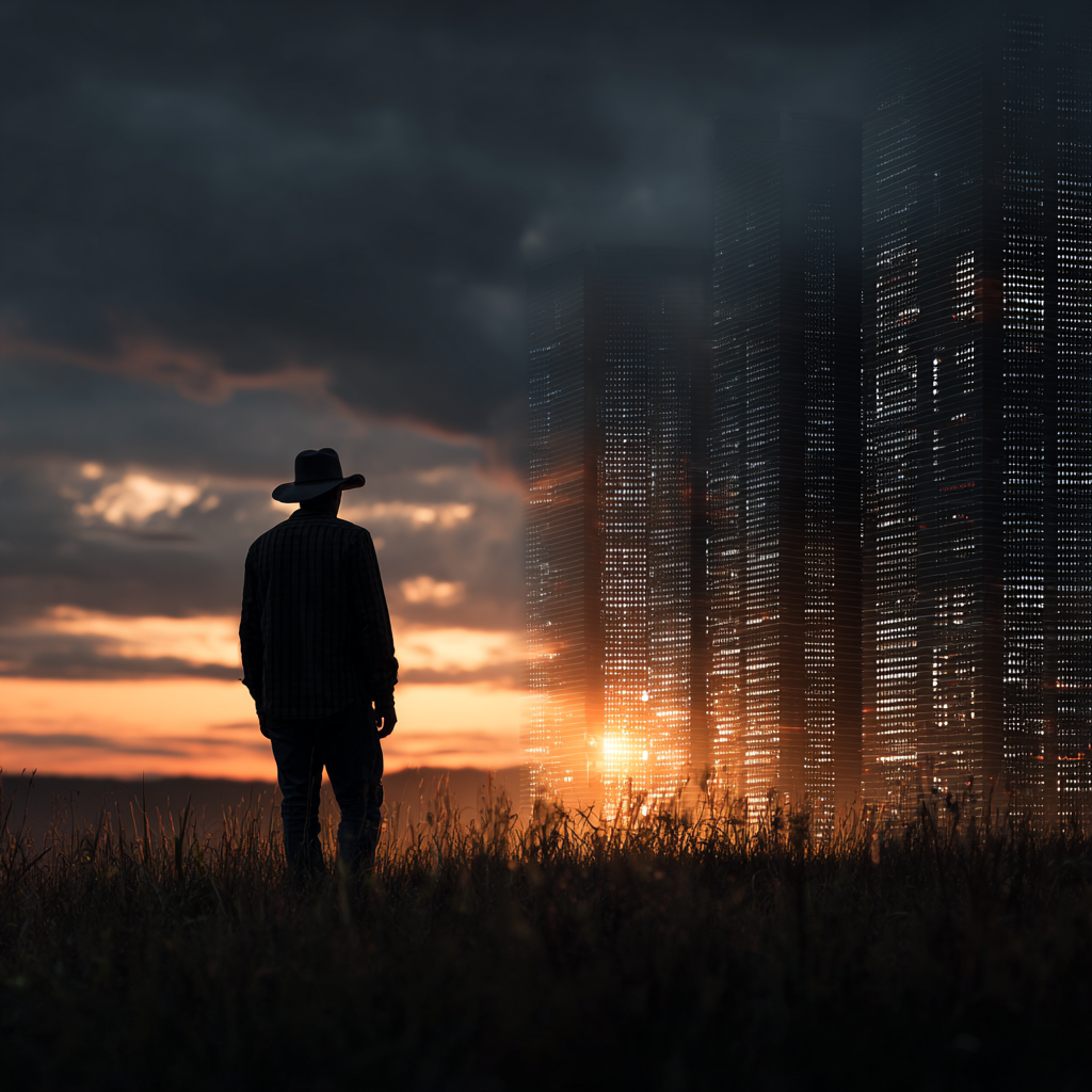 Rural Texas farmland with a modern data center in the background, symbolizing economic growth and environmental challenges from Texas data centers