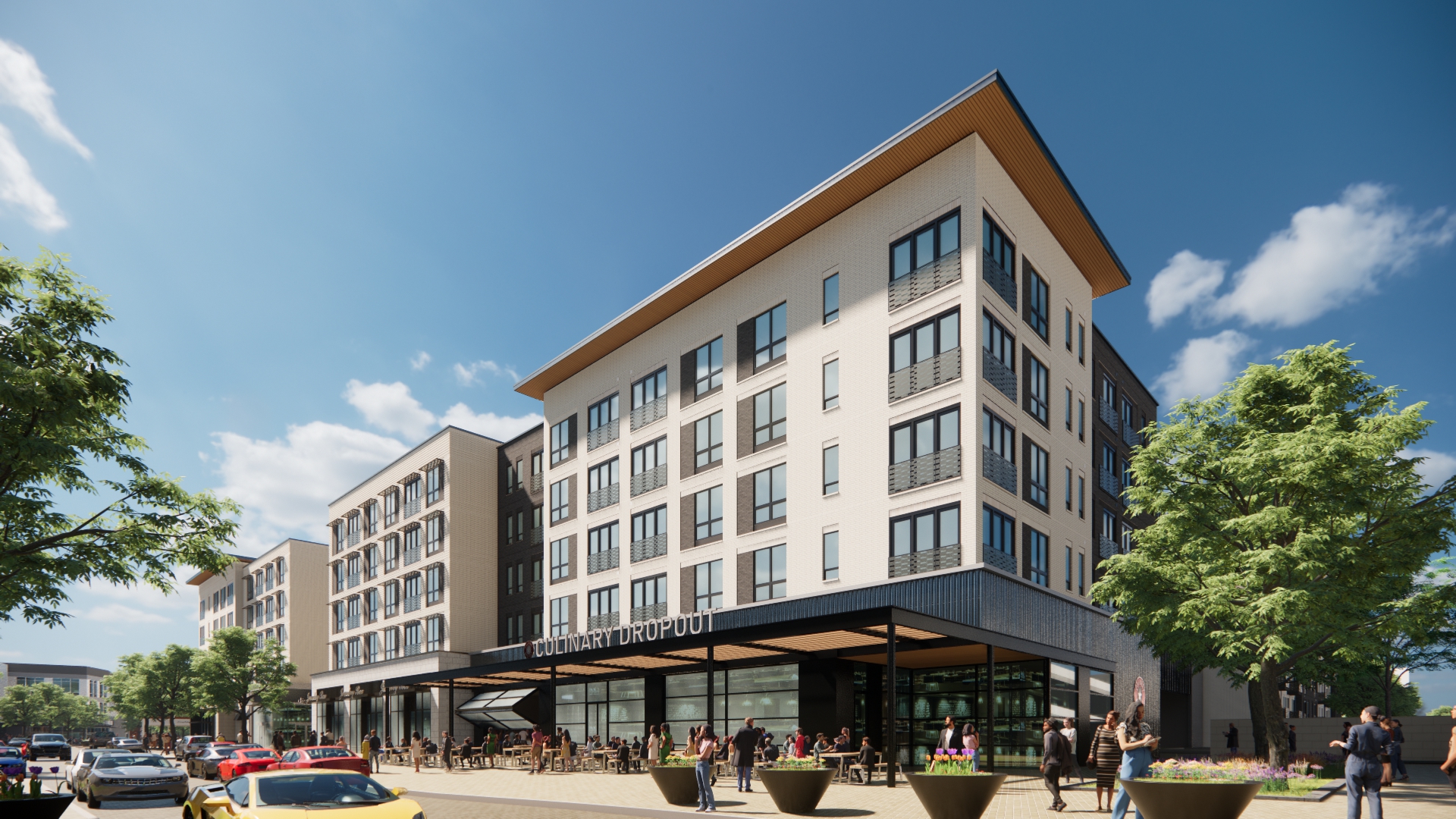 Fields West Frisco mixed-use development rendering showing retail and residential buildings