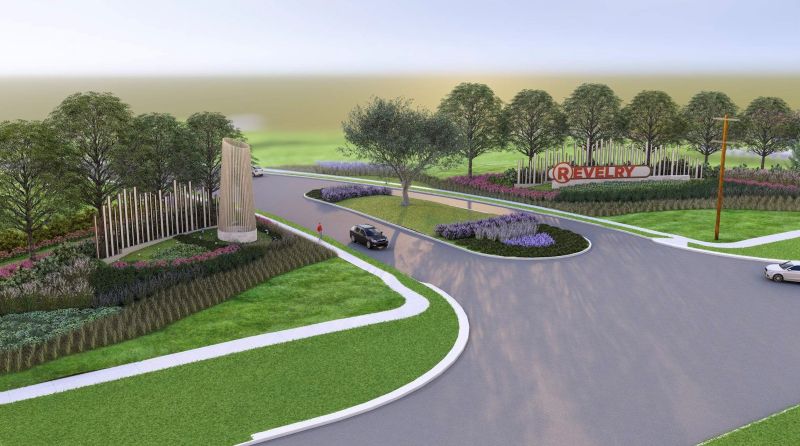 Aerial view of Revelry master-planned community site in Travis County near Tesla Gigafactory and Austin-Bergstrom Airport