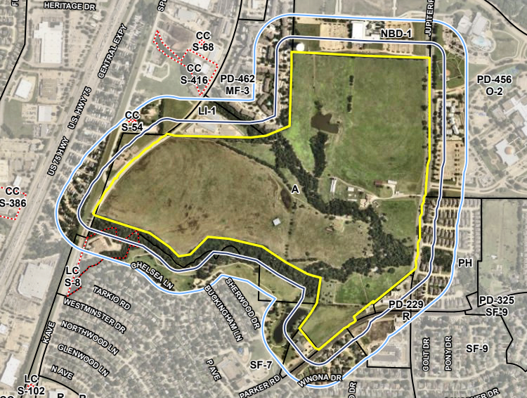 Aerial view of Lavon Farms dairy operation in east Plano showing 215-acre development site near Plano Event Center