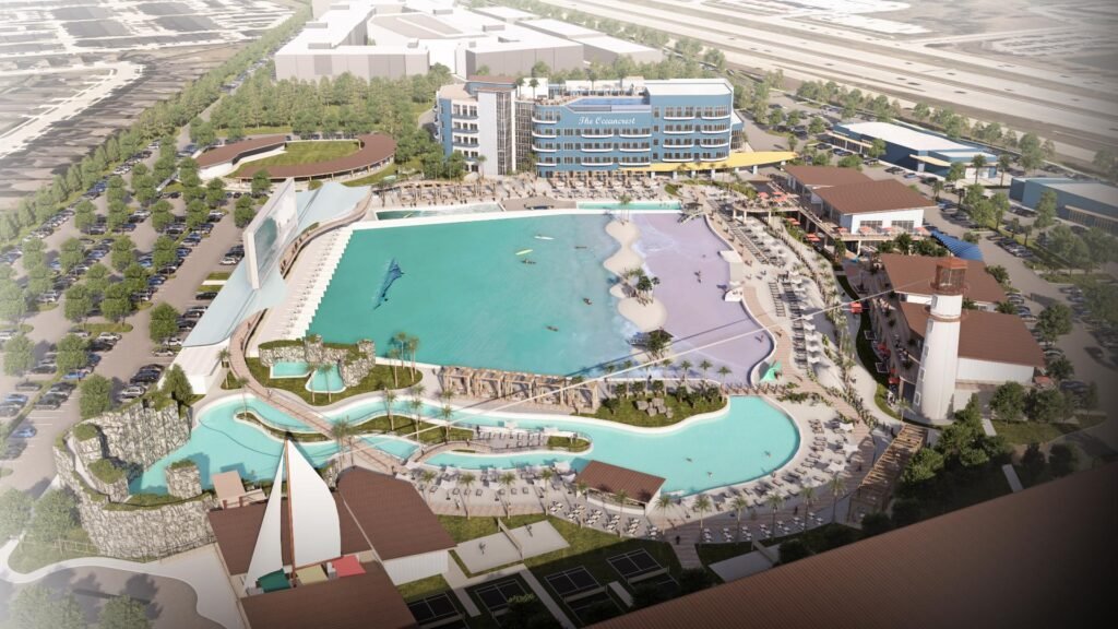 Cannon Beach McKinney Texas rendering showing surf lagoon and resort hotel at Stacy Road and Highway 121