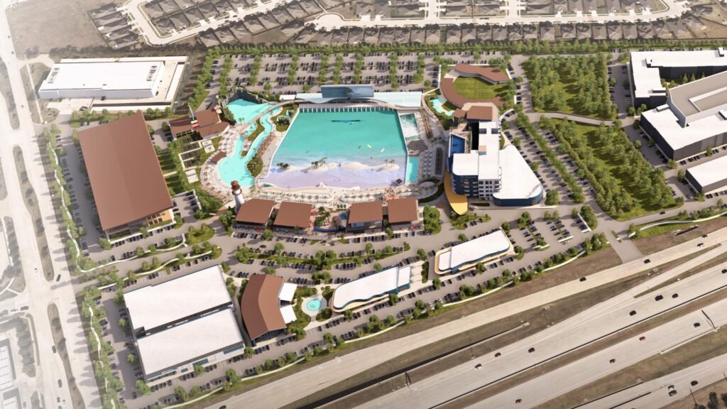 Cannon Beach McKinney Texas rendering showing surf lagoon and resort hotel at Stacy Road and Highway 121