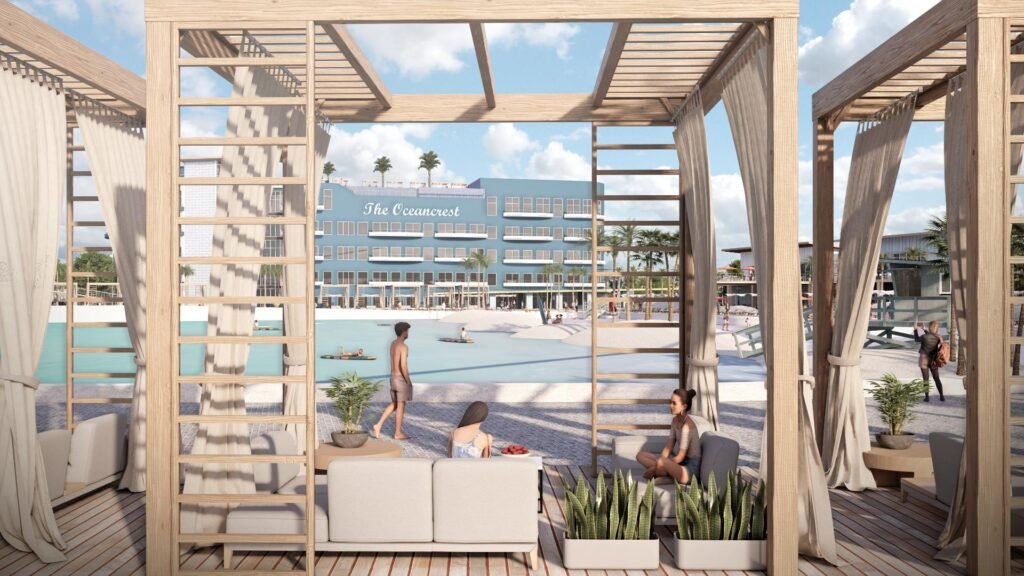 Cannon Beach McKinney Texas rendering showing surf lagoon and resort hotel at Stacy Road and Highway 121